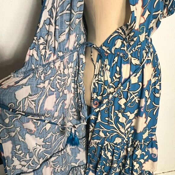 Knox Rose Maxi Dress Womens Medium Blue Short Sleeve Wrap Floral Tiered Tassel - Picture 6 of 14